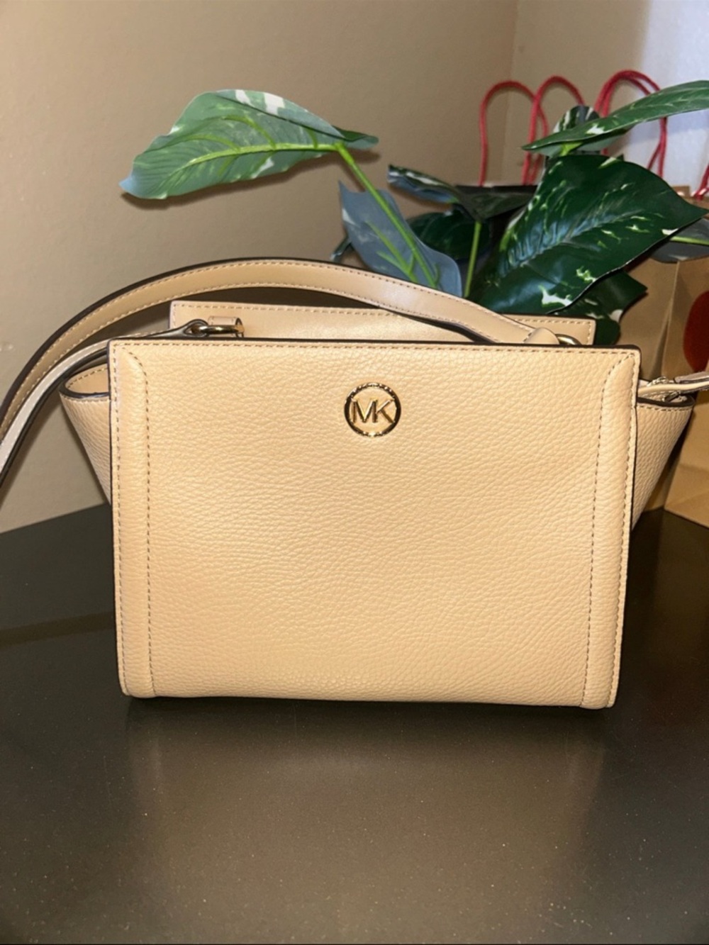 Michael Kors Cream Pebbled Leather Crossbody with Gold MK Logo